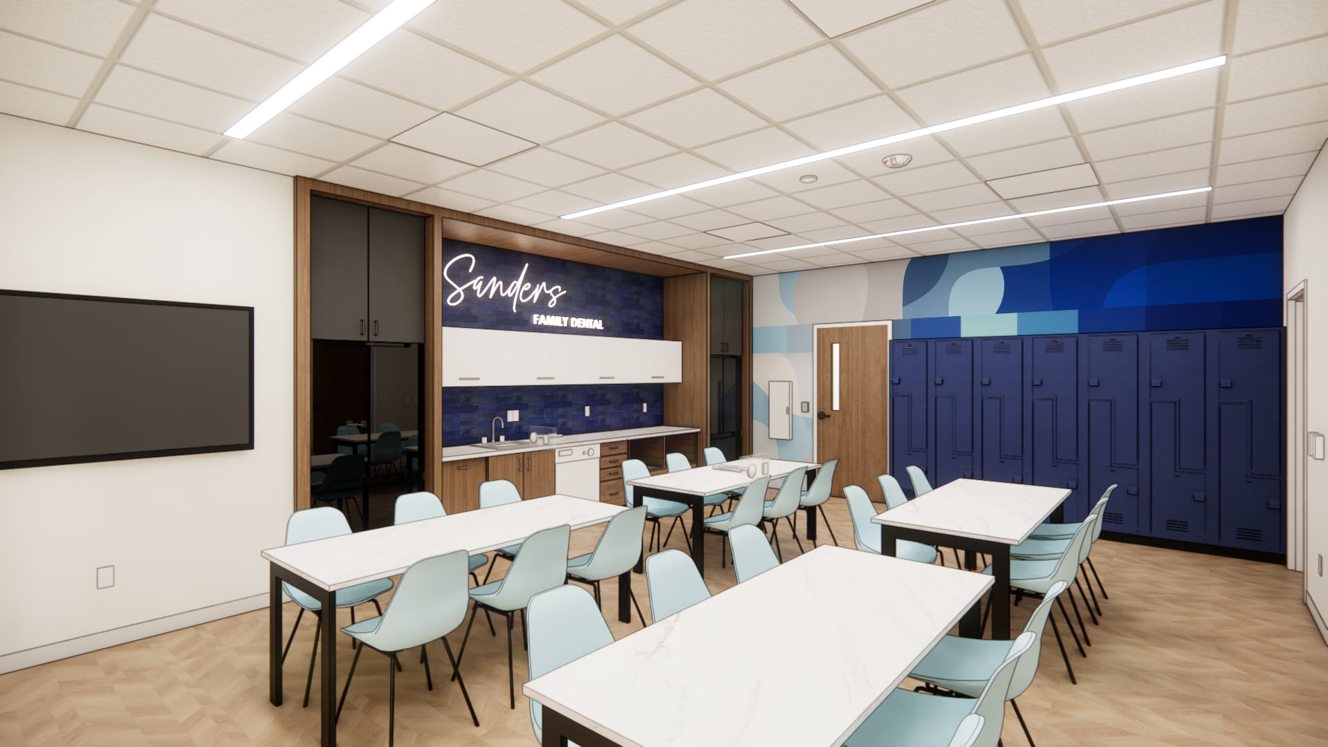 Architectural rendering of the staff lounge used as the party room